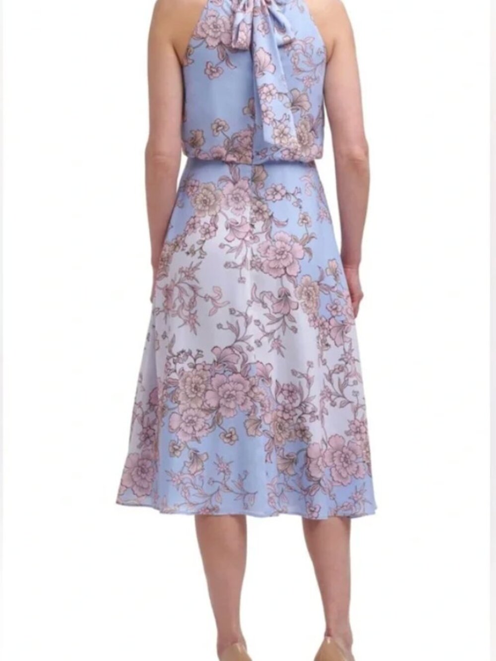 Vince Camuto pale blue & pink floral drape neck midi dress size 6 - Picture 2 of 10